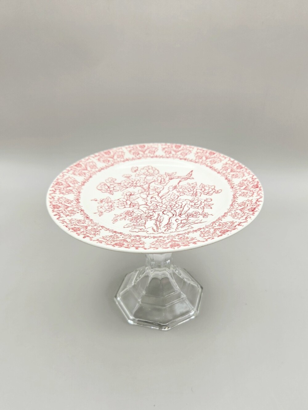 Mini Cake Stand or Cupcake Stand, Red & White Floral on Clear Glass Pedestal - Picture 2 of 7